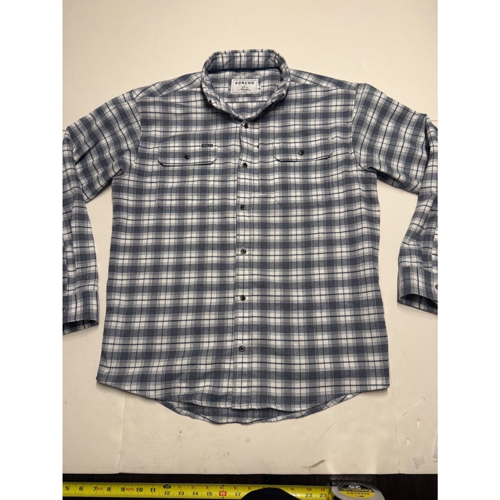 Poncho Outdoors Mens Blue White Plaid Magnetic Button Down Shirt Medium Regular